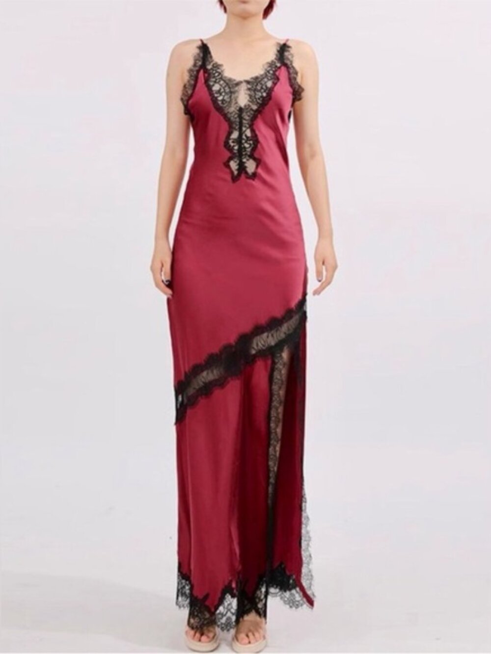 Elegant Burgundy Lace Trim Nightgown